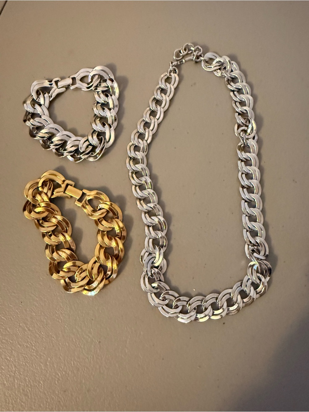 Vintage Monet Silver and Gold Chunky Chain Necklace and Bracelet Set